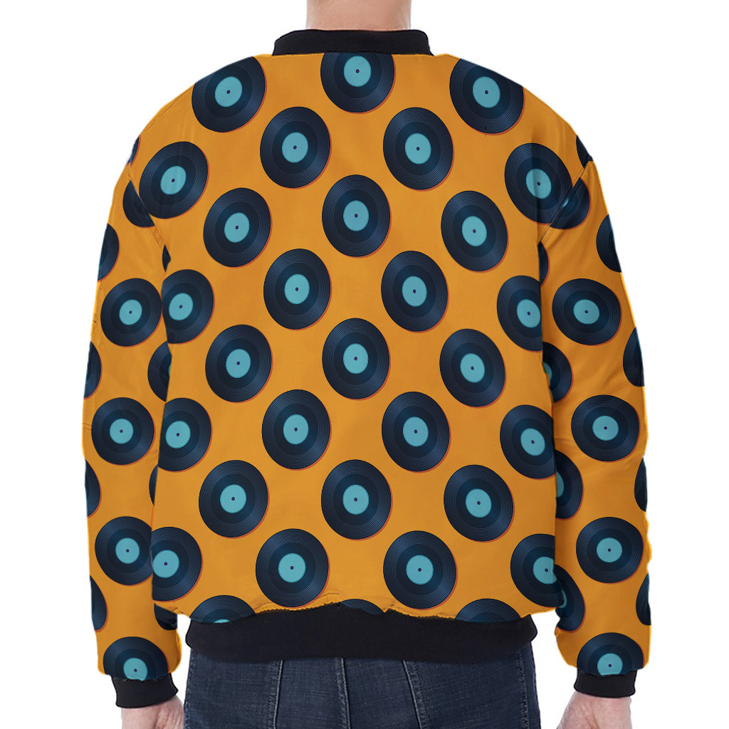Blue Vinyl Record Pattern Print Zip Sleeve Bomber Jacket