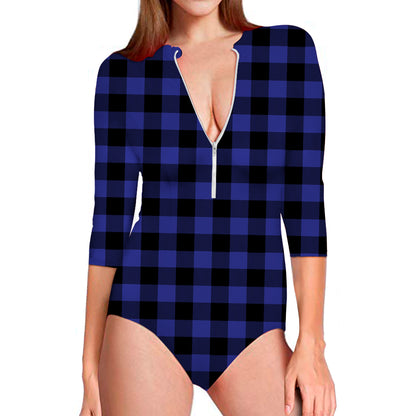 Blue Violet And Black Buffalo Check Print Long Sleeve Swimsuit