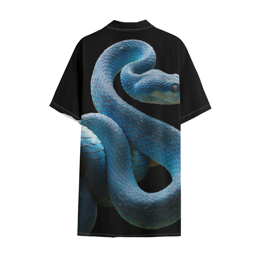 Blue Viper Snake Print Cotton Hawaiian Shirt