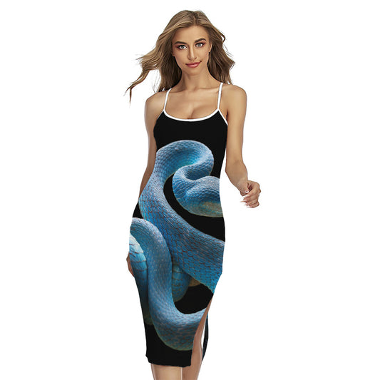 Blue Viper Snake Print Cross Back Cami Dress