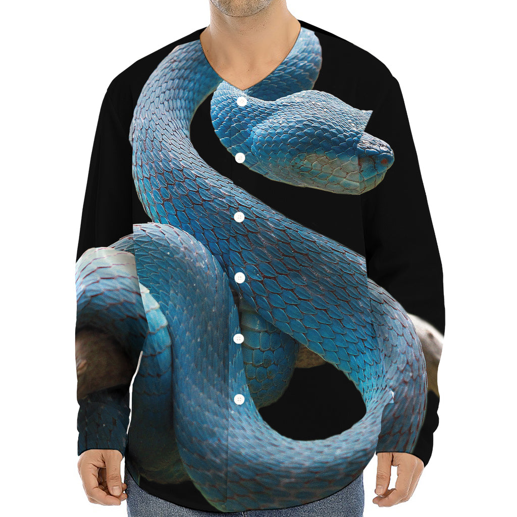 Blue Viper Snake Print Long Sleeve Baseball Jersey