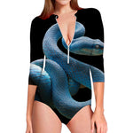 Blue Viper Snake Print Long Sleeve Swimsuit