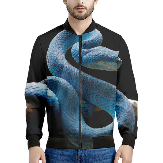 Blue Viper Snake Print Men's Bomber Jacket