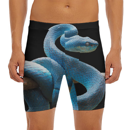 Blue Viper Snake Print Men's Long Boxer Briefs