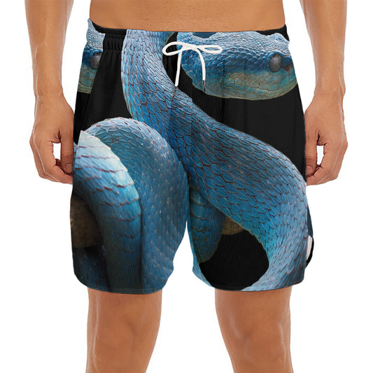 Blue Viper Snake Print Men's Split Running Shorts