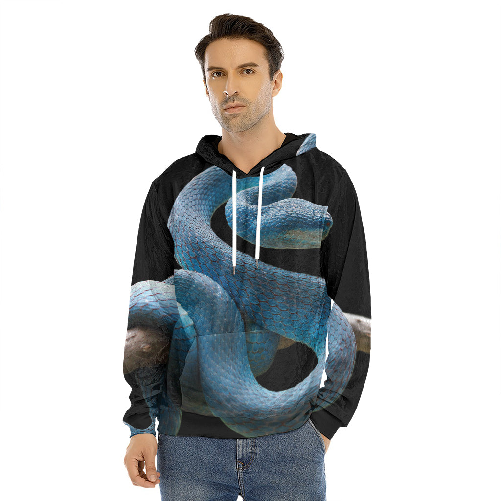 Blue Viper Snake Print Men's Velvet Pullover Hoodie