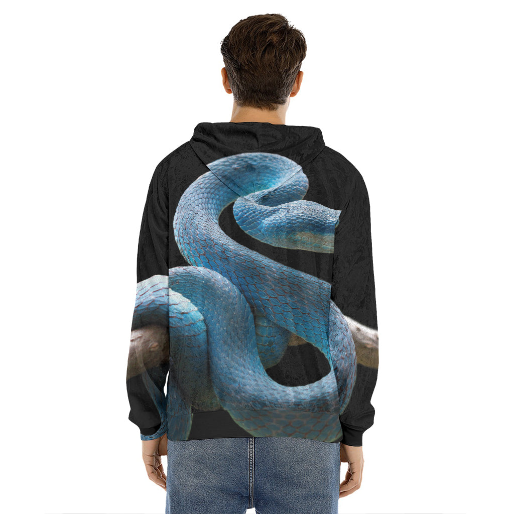 Blue Viper Snake Print Men's Velvet Pullover Hoodie