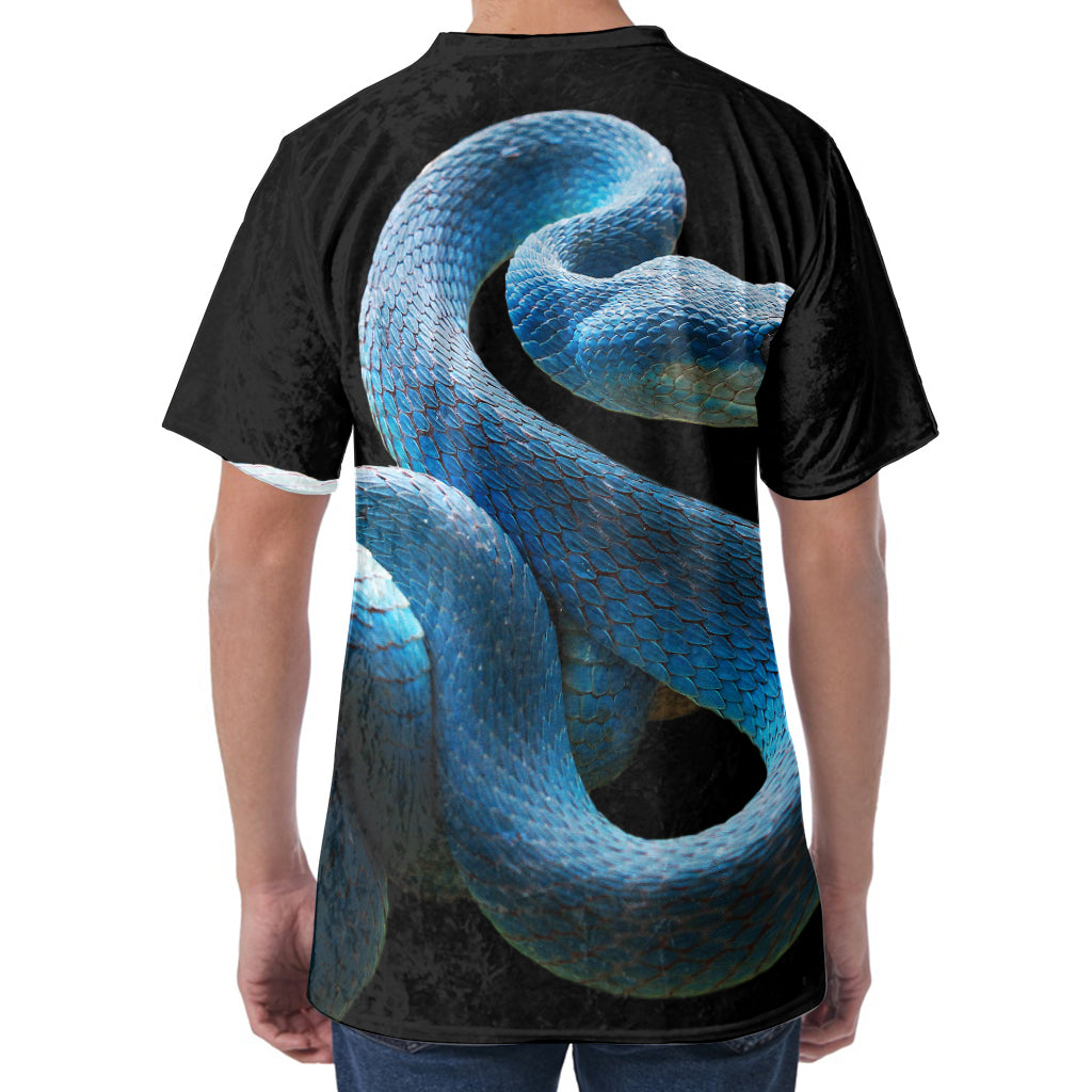 Blue Viper Snake Print Men's Velvet T-Shirt
