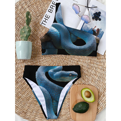 Blue Viper Snake Print One Shoulder Bikini Top