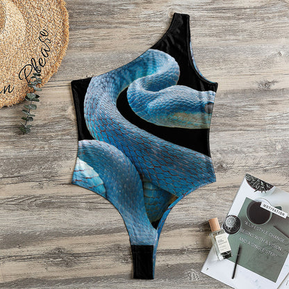 Blue Viper Snake Print One Shoulder Bodysuit