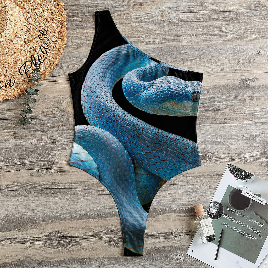 Blue Viper Snake Print One Shoulder Bodysuit