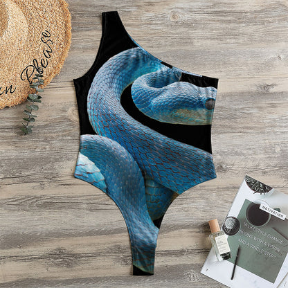 Blue Viper Snake Print One Shoulder Bodysuit