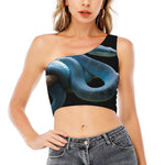 Blue Viper Snake Print One Shoulder Crop Top