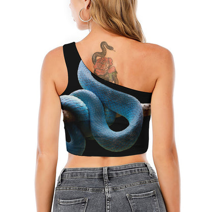 Blue Viper Snake Print One Shoulder Crop Top