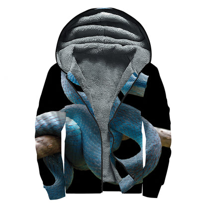 Blue Viper Snake Print Sherpa Lined Zip Up Hoodie