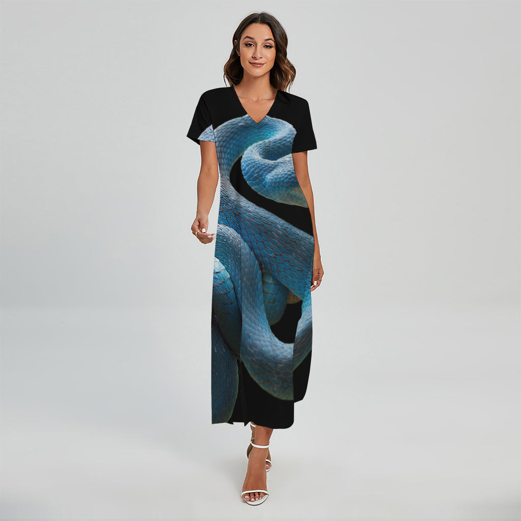 Blue Viper Snake Print Short Sleeve Maxi Dress
