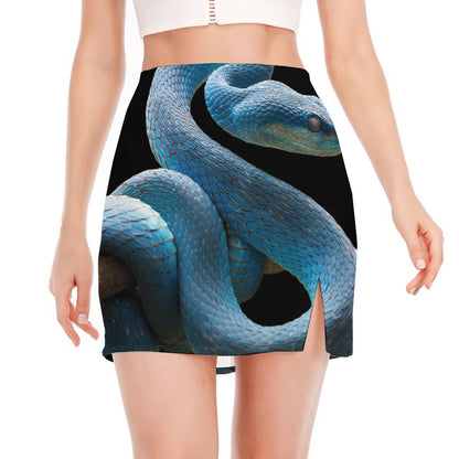 Blue Viper Snake Print Side Slit Mini Skirt