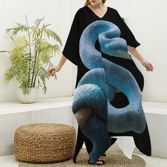 Blue Viper Snake Print Silk V-Neck Kaftan Dress