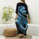 Blue Viper Snake Print Silk V-Neck Kaftan Dress