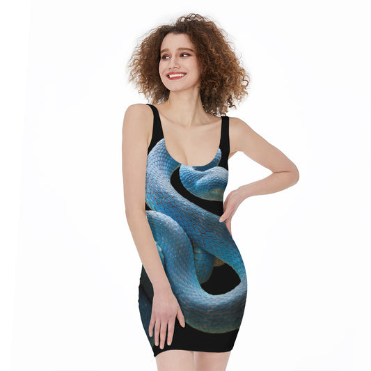 Blue Viper Snake Print Sleeveless Bodycon Dress