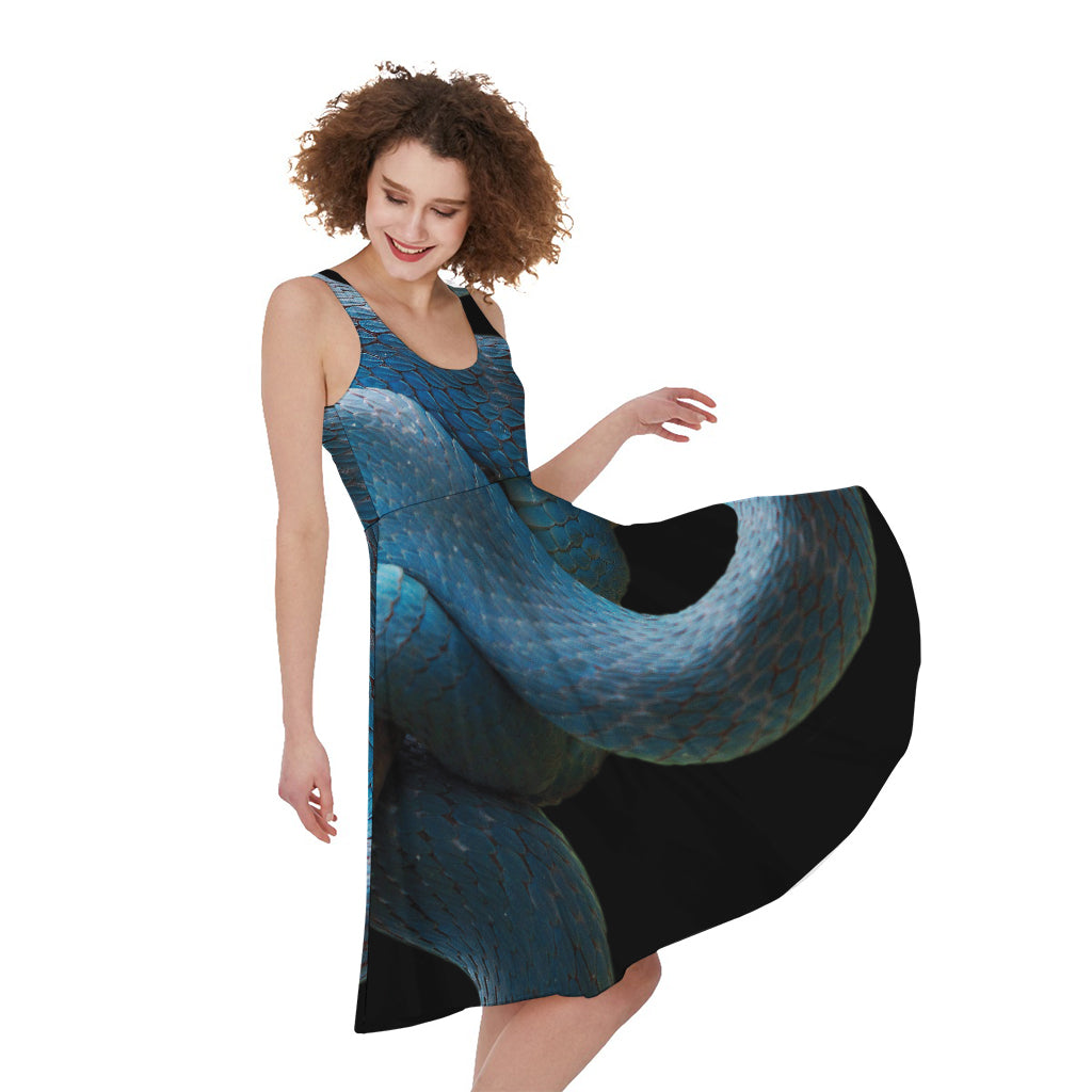Blue Viper Snake Print Women's Sleeveless Dress