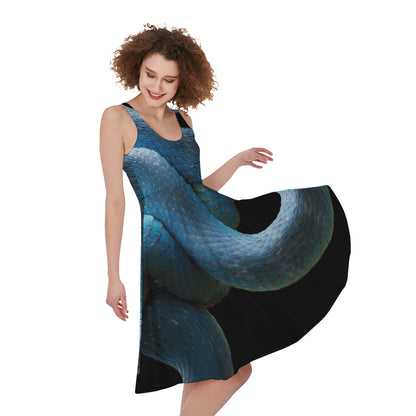 Blue Viper Snake Print Women's Sleeveless Dress