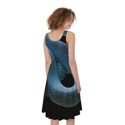 Blue Viper Snake Print Women's Sleeveless Dress