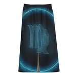 Blue Virgo Zodiac Sign Print Cotton Front Slit Maxi Skirt