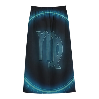 Blue Virgo Zodiac Sign Print Cotton Front Slit Maxi Skirt