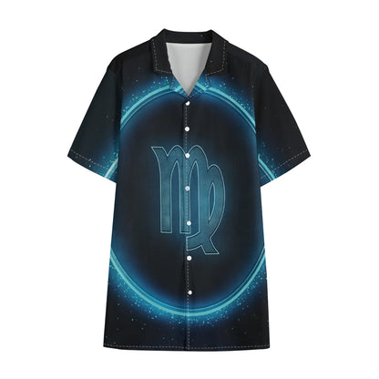 Blue Virgo Zodiac Sign Print Cotton Hawaiian Shirt