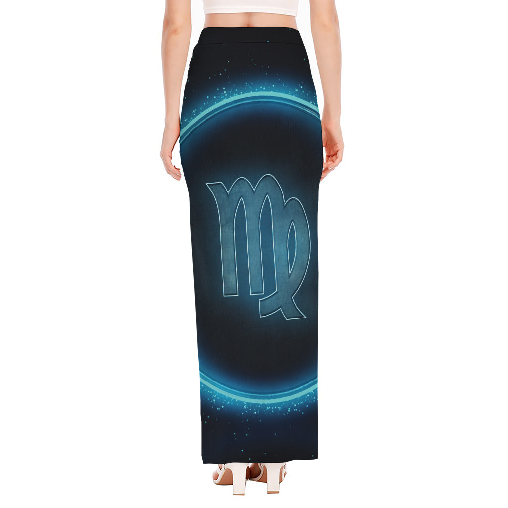 Blue Virgo Zodiac Sign Print High Slit Maxi Skirt