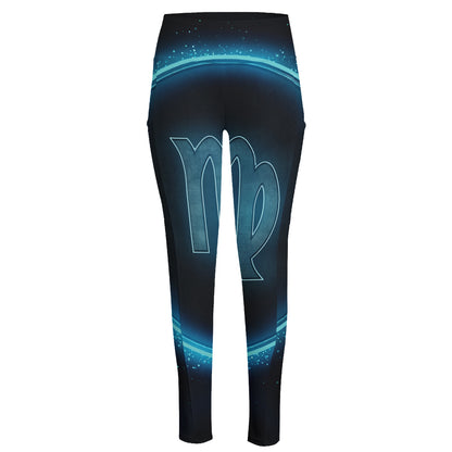 Blue Virgo Zodiac Sign Print High-Waisted Pocket Leggings