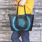 Blue Virgo Zodiac Sign Print Leather Tote Bag