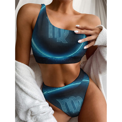 Blue Virgo Zodiac Sign Print One Shoulder Bikini Top