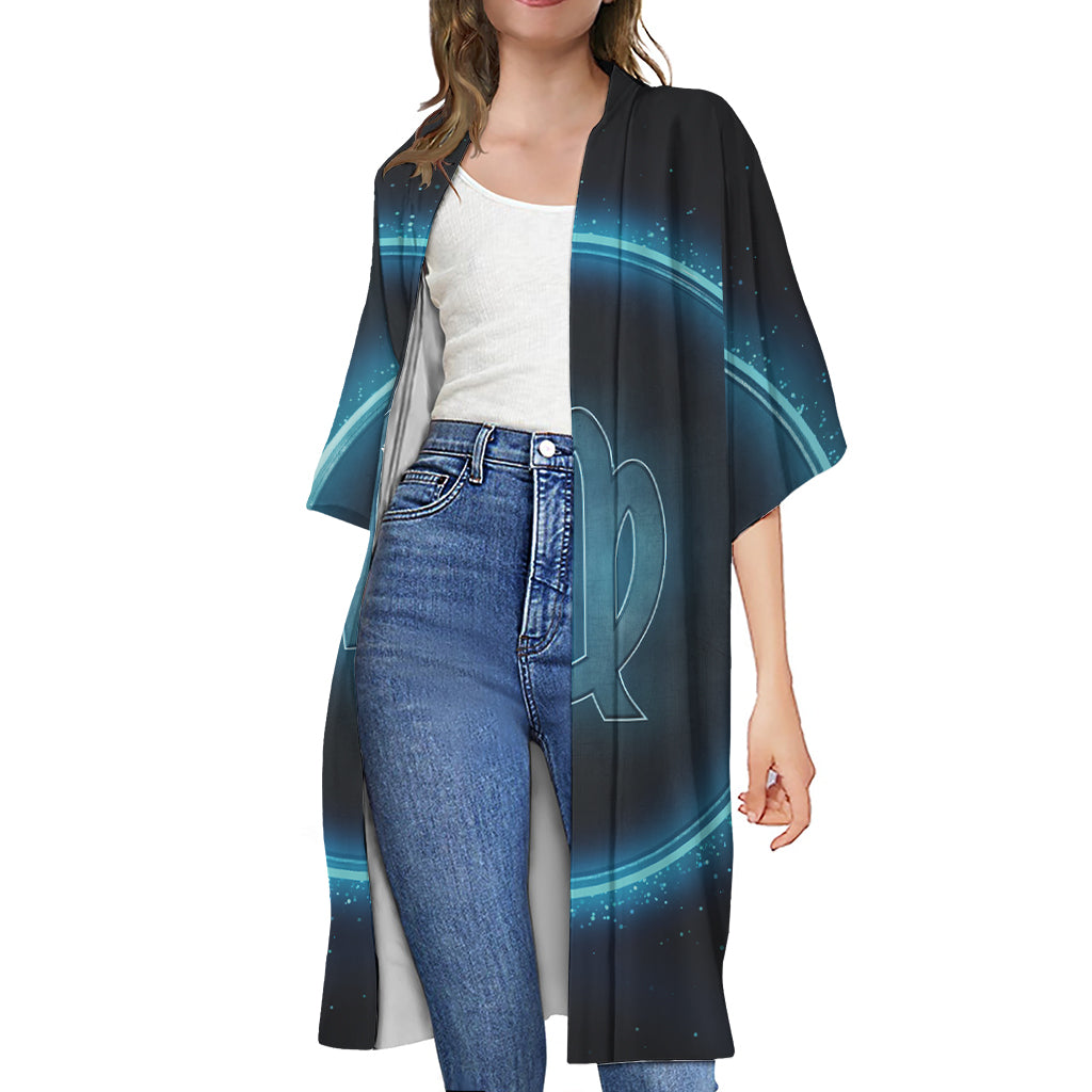 Blue Virgo Zodiac Sign Print Open Front Beach Cover Up