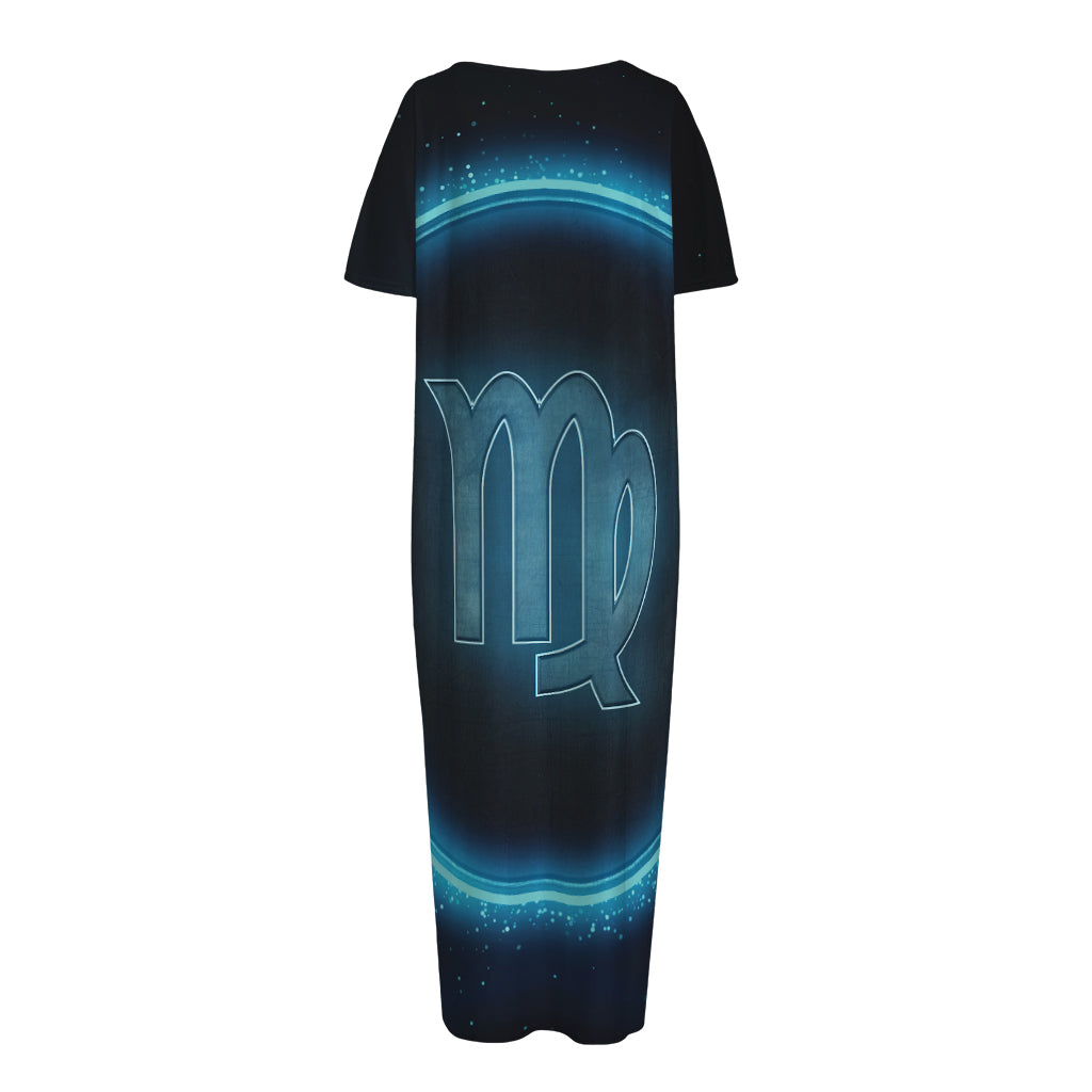 Blue Virgo Zodiac Sign Print Short Sleeve Long Nightdress