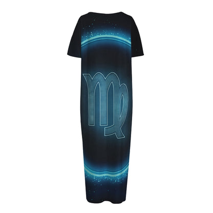 Blue Virgo Zodiac Sign Print Short Sleeve Long Nightdress