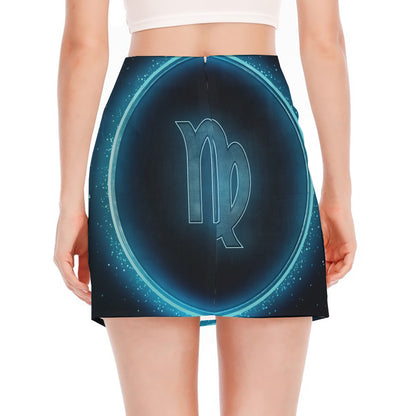 Blue Virgo Zodiac Sign Print Side Slit Mini Skirt