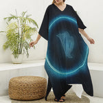 Blue Virgo Zodiac Sign Print Silk V-Neck Kaftan Dress