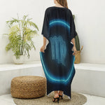Blue Virgo Zodiac Sign Print Silk V-Neck Kaftan Dress