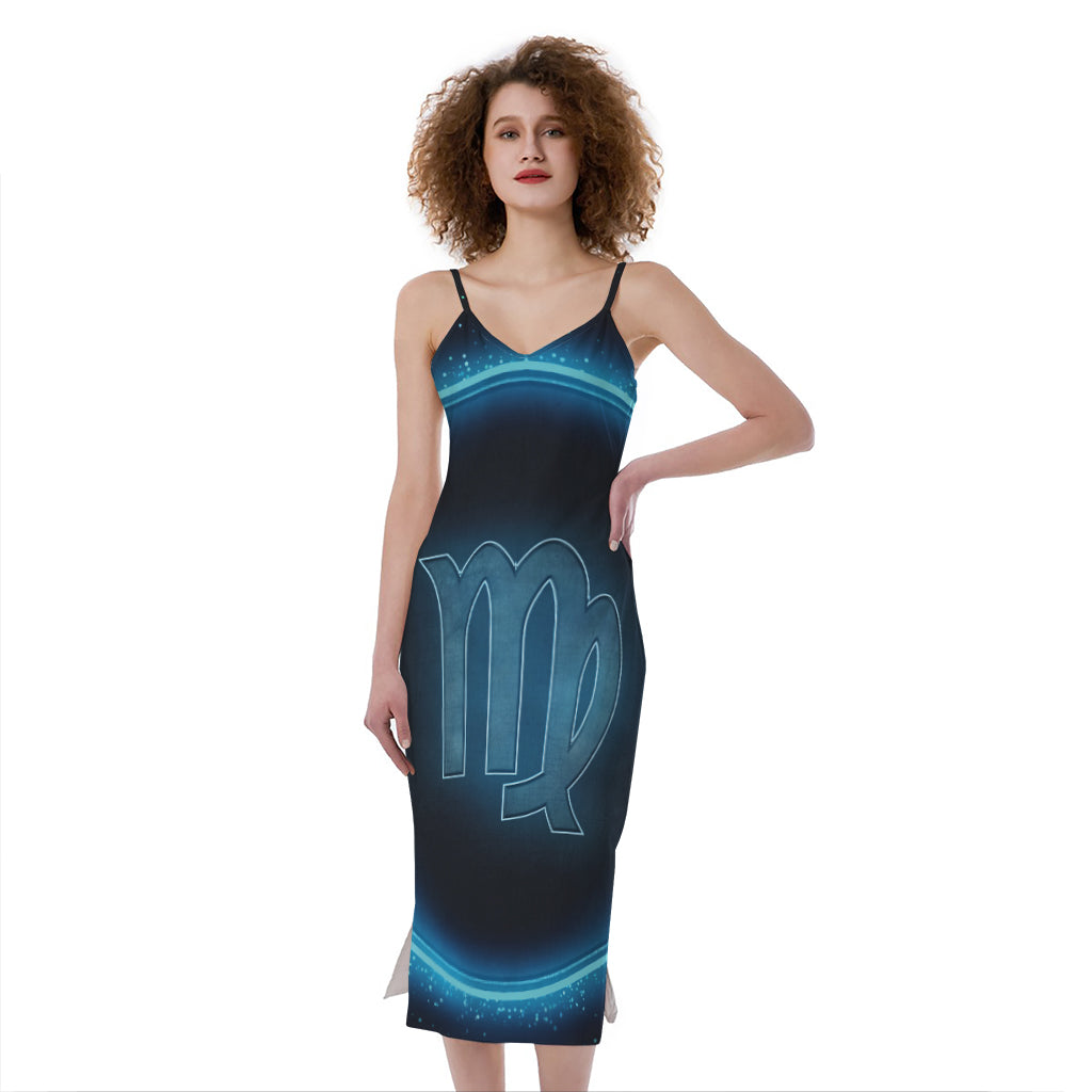 Blue Virgo Zodiac Sign Print Slim Fit Midi Cami Dress