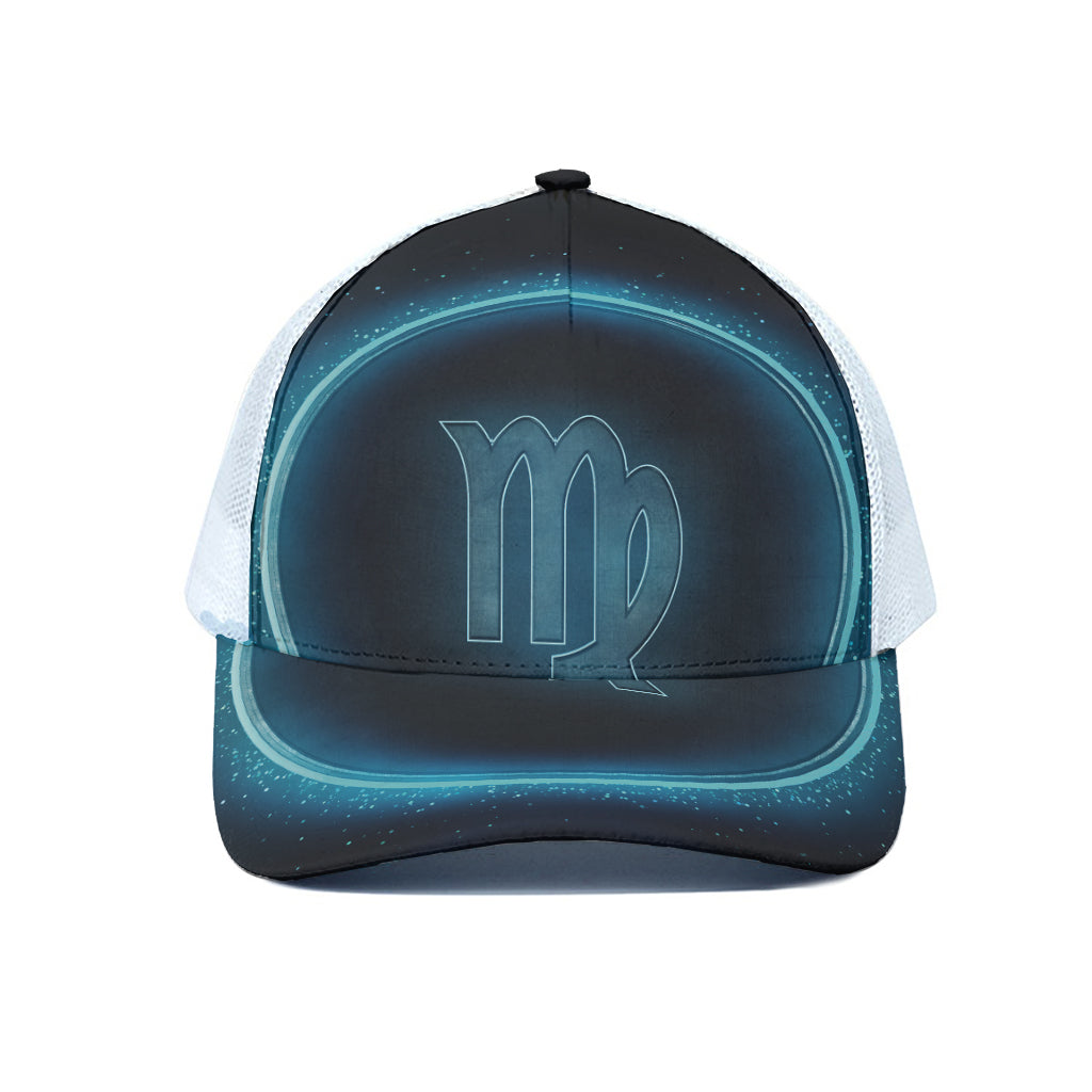 Blue Virgo Zodiac Sign Print White Mesh Trucker Cap