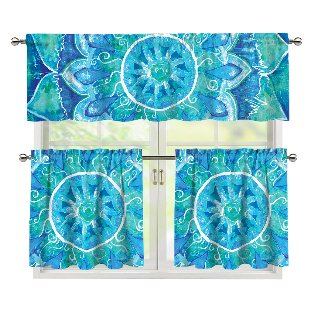 Blue Vishuddha Chakra Mandala Print 3 Piece Kitchen Curtains