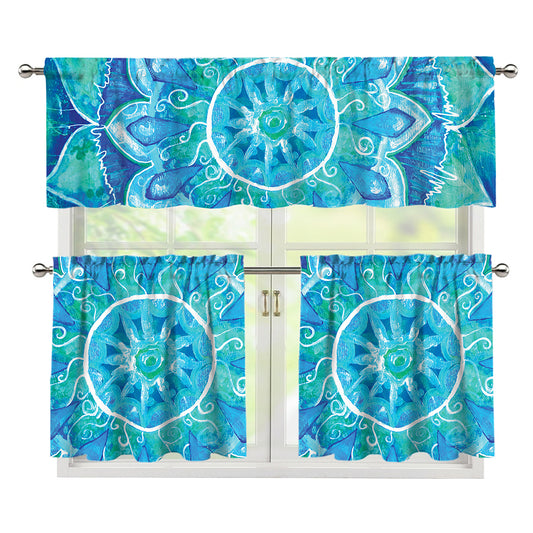 Blue Vishuddha Chakra Mandala Print 3 Piece Kitchen Curtains