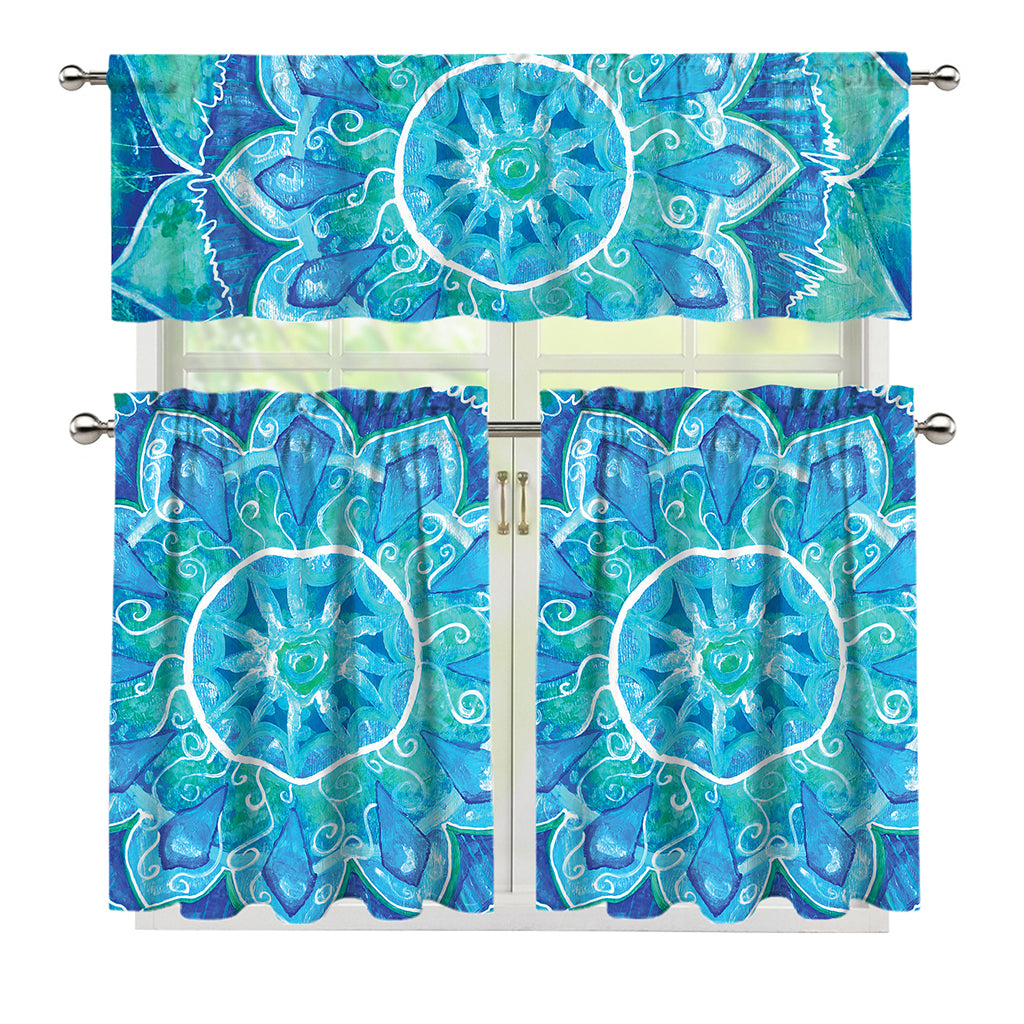 Blue Vishuddha Chakra Mandala Print 3 Piece Kitchen Curtains