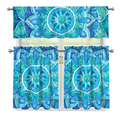 Blue Vishuddha Chakra Mandala Print 3 Piece Kitchen Curtains
