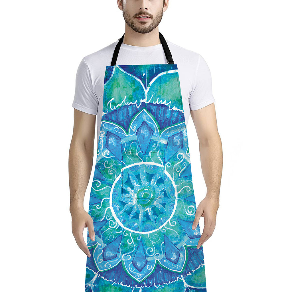 Blue Vishuddha Chakra Mandala Print Bib Apron With Pocket