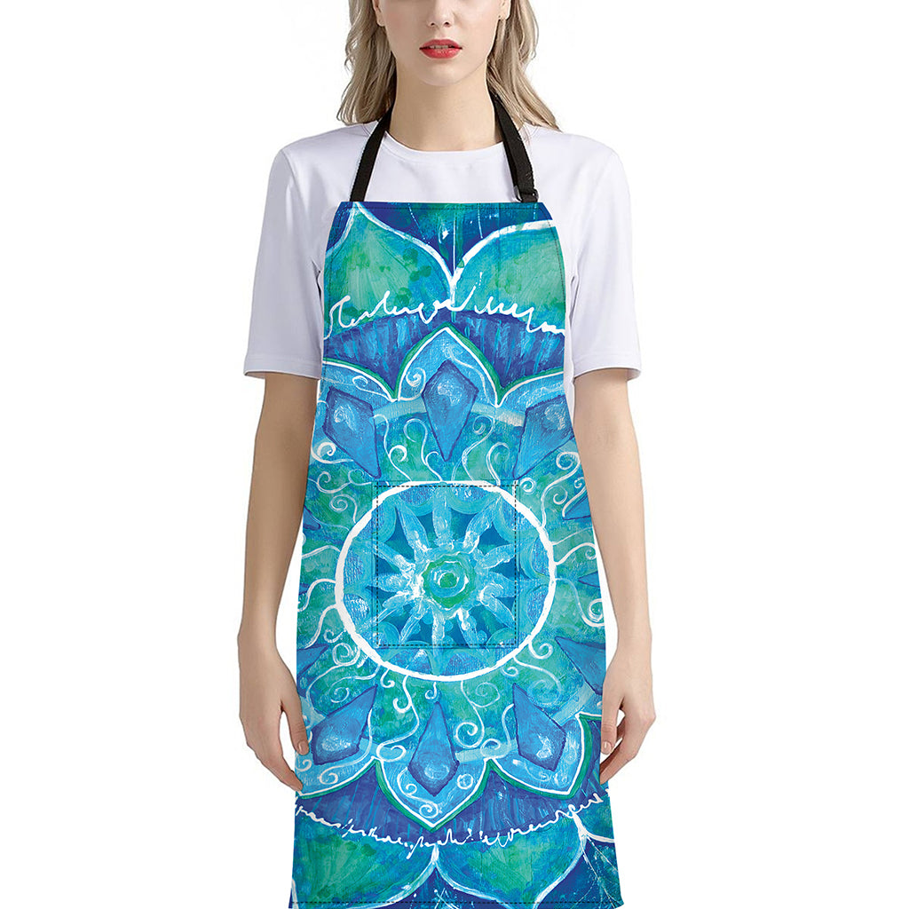 Blue Vishuddha Chakra Mandala Print Bib Apron With Pocket