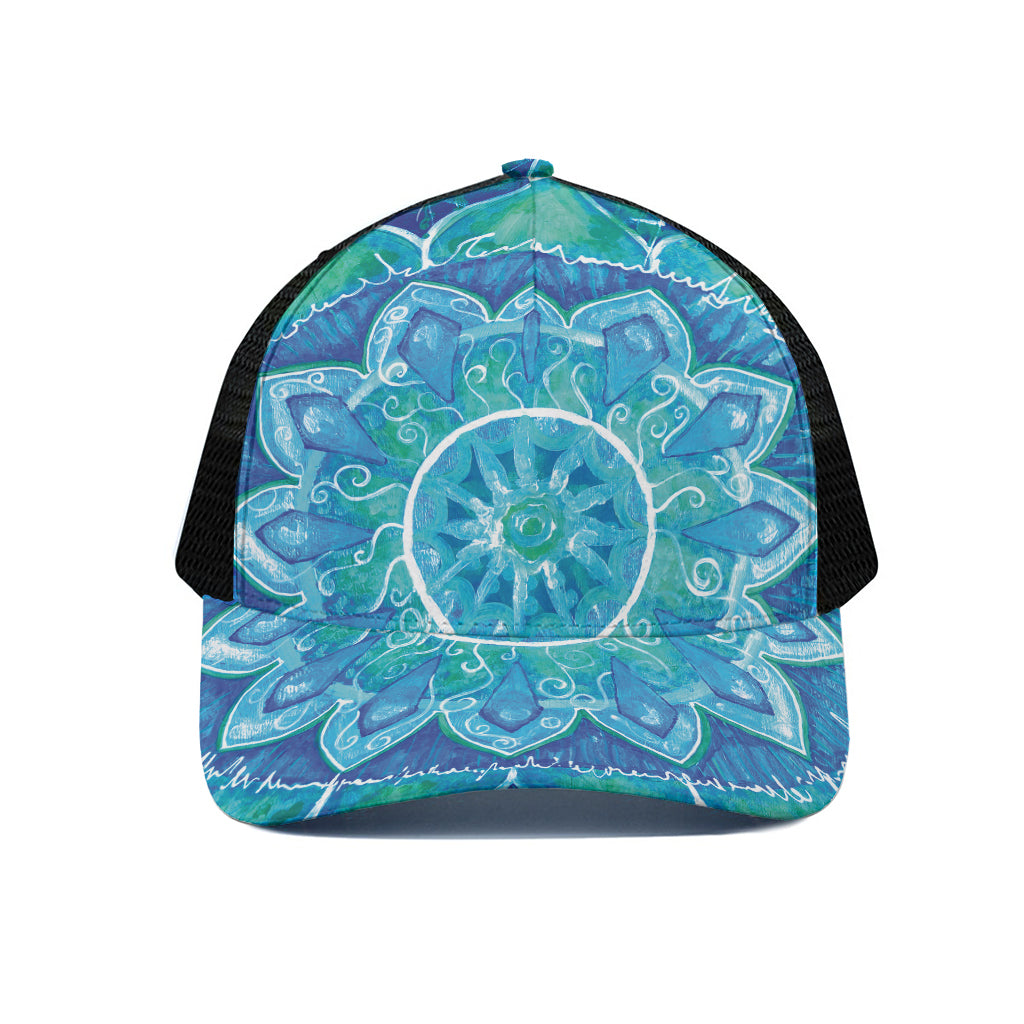 Blue Vishuddha Chakra Mandala Print Black Mesh Trucker Cap