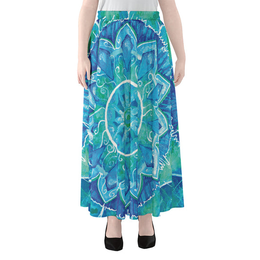 Blue Vishuddha Chakra Mandala Print Chiffon Maxi Skirt